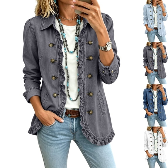 BFRGSIJ Women's Denim Jean Jacket Vintage Lightweight Collared Ruffled Double Breasted Coat with Side Pockets Casual Long Sleeve Outerwear L