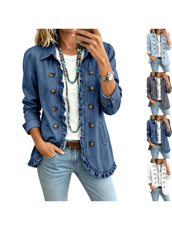 Women's Denim Jean Jacket Vintage Lightweight Collared Ruffled Double Breasted Coat with Side Pockets Casual Long Sleeve Outerwear L