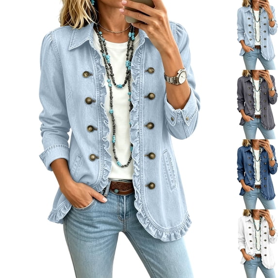 BFRGSIJ Women's Denim Jean Jacket Vintage Lightweight Collared Ruffled Double Breasted Coat with Side Pockets Casual Long Sleeve Outerwear M