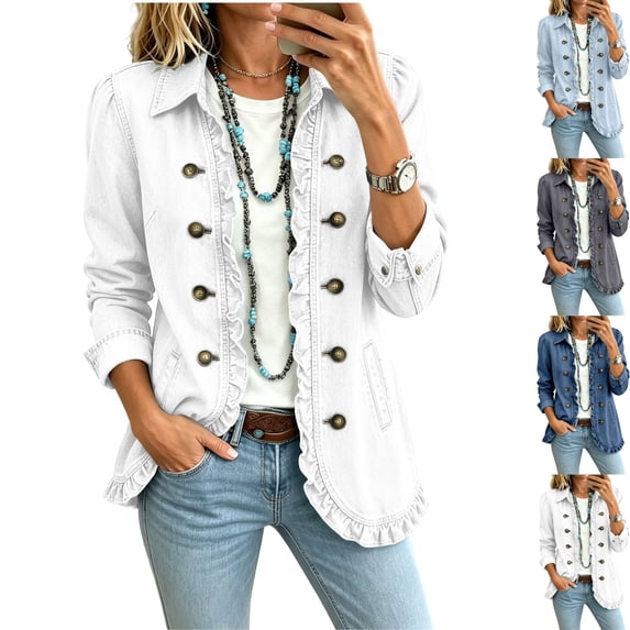 BFRGSIJ Women's Denim Jean Jacket Vintage Lightweight Collared Ruffled Double Breasted Coat with Side Pockets Casual Long Sleeve Outerwear XL