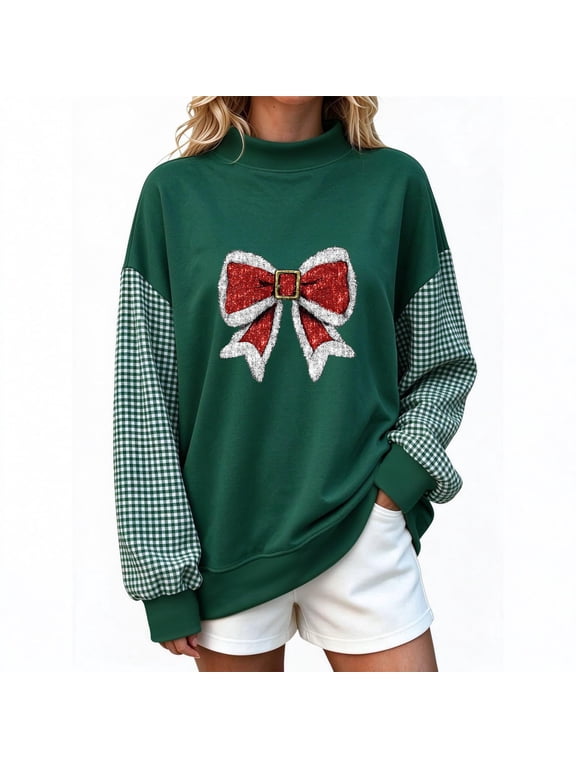 Women's Green Sweatshirt Christmas Graphic Mock Neck Gingham Long Sleeve Pullover Plus Size Xmas Holiday Fall Winter Casual Tops S