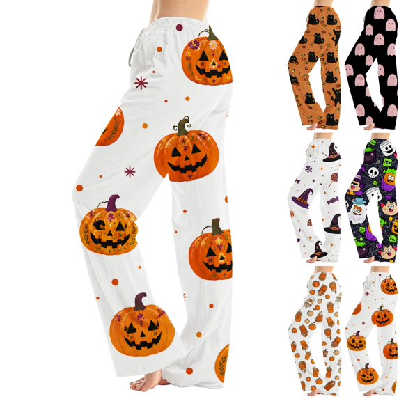 BFRGSIJ Women's Halloween Pajama Pants Baggy Wide Leg Drawstring Sleep Pants with Pockets Casual Loungewear Sleep Bottoms 3XL