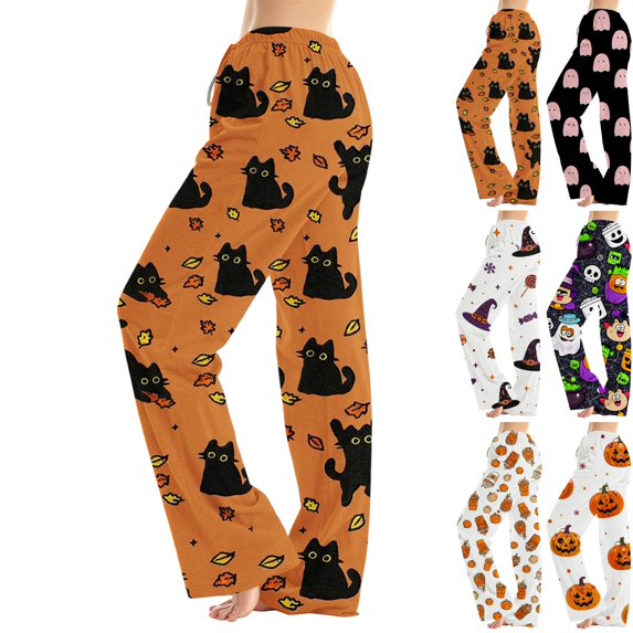 BFRGSIJ Women's Halloween Pajama Pants Baggy Wide Leg Drawstring Sleep Pants with Pockets Casual Loungewear Sleep Bottoms S