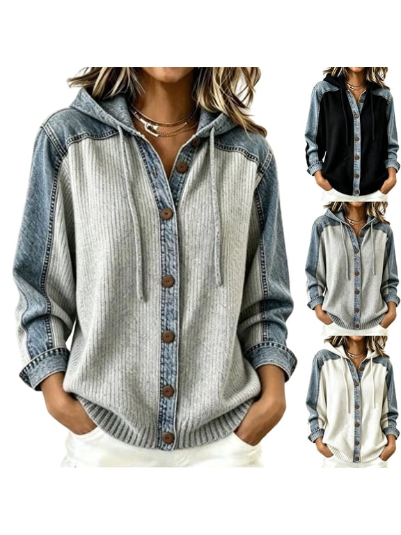 Women's Hooded Cardigan Button Down Denim Patchwork Ribbed Knit Sweater Jacket Casual Long Sleeve Hoodie Top with Pockets XL