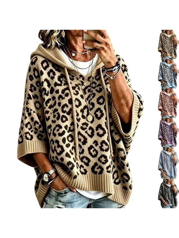 Women's Hooded Knit Sweater Leopard Print 3/4 Sleeve Drawstring Pullover Casual Loose Fall Spring Sweater Top S