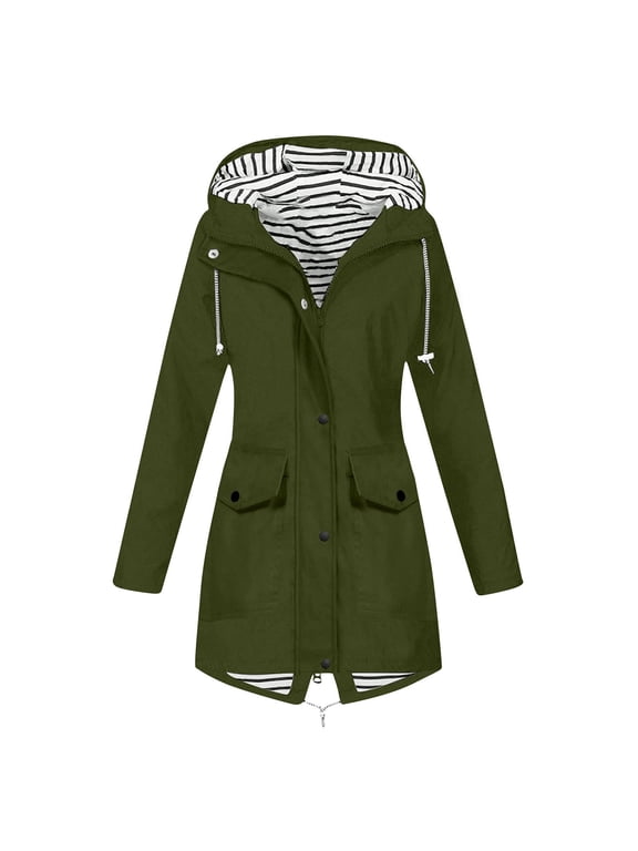 Women's Hooded Waterproof Rain Jacket Drawstring Waist Outdoor Windbreaker Lightweight Striped Liner Coat with Pockets M