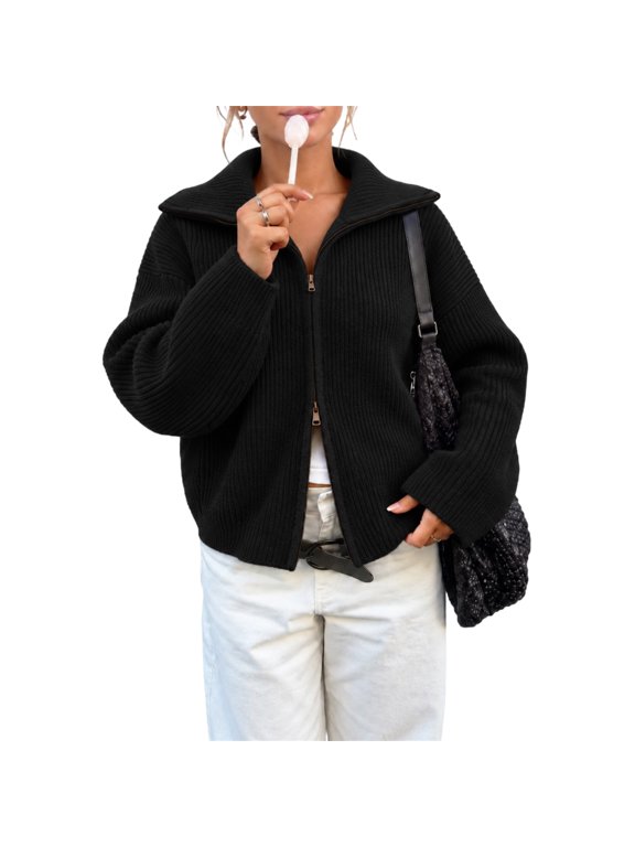 Women's Knit Cardigan Long Sleeve Double Zip Turtleneck Sweater Jacket Casual Loose Warm Commuter Outerwear for Fall Winter L
