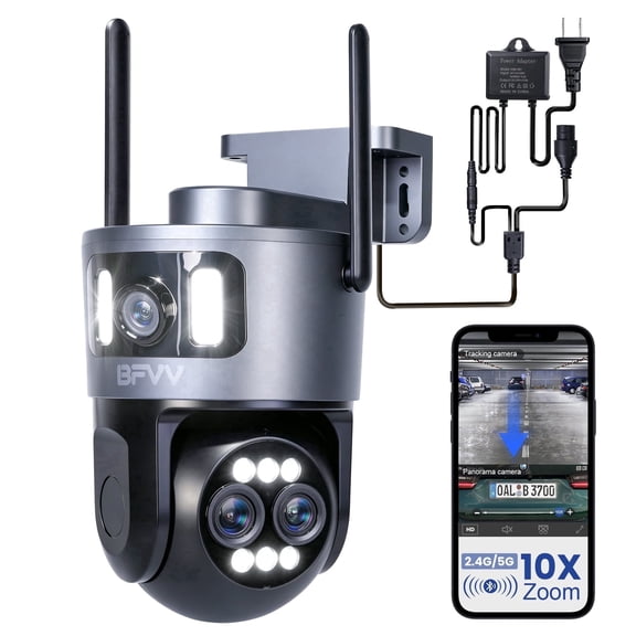 BFVV Outdoor Smart Security Camera, 4K 10x Zoom Dual Lens, 360 Degree Pan Tilt, IP66 Waterproof, Full Color Night Vision