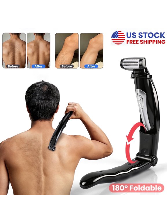 Electric Back Shaver for Men with Long Foldable Handle - Rechargeable Foil Body Groomer Trimmer Hair Remover Razor, Ideal Gift for Husband & Dad