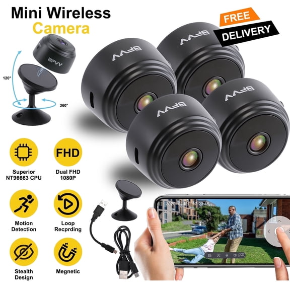 BFVV Mini Camera WiFi Wireless Camera Nanny Cam,4PACKS, 1080p HD Camera Home Security Camera,Night Vision Small Camera Dog Pet Baby Real Time