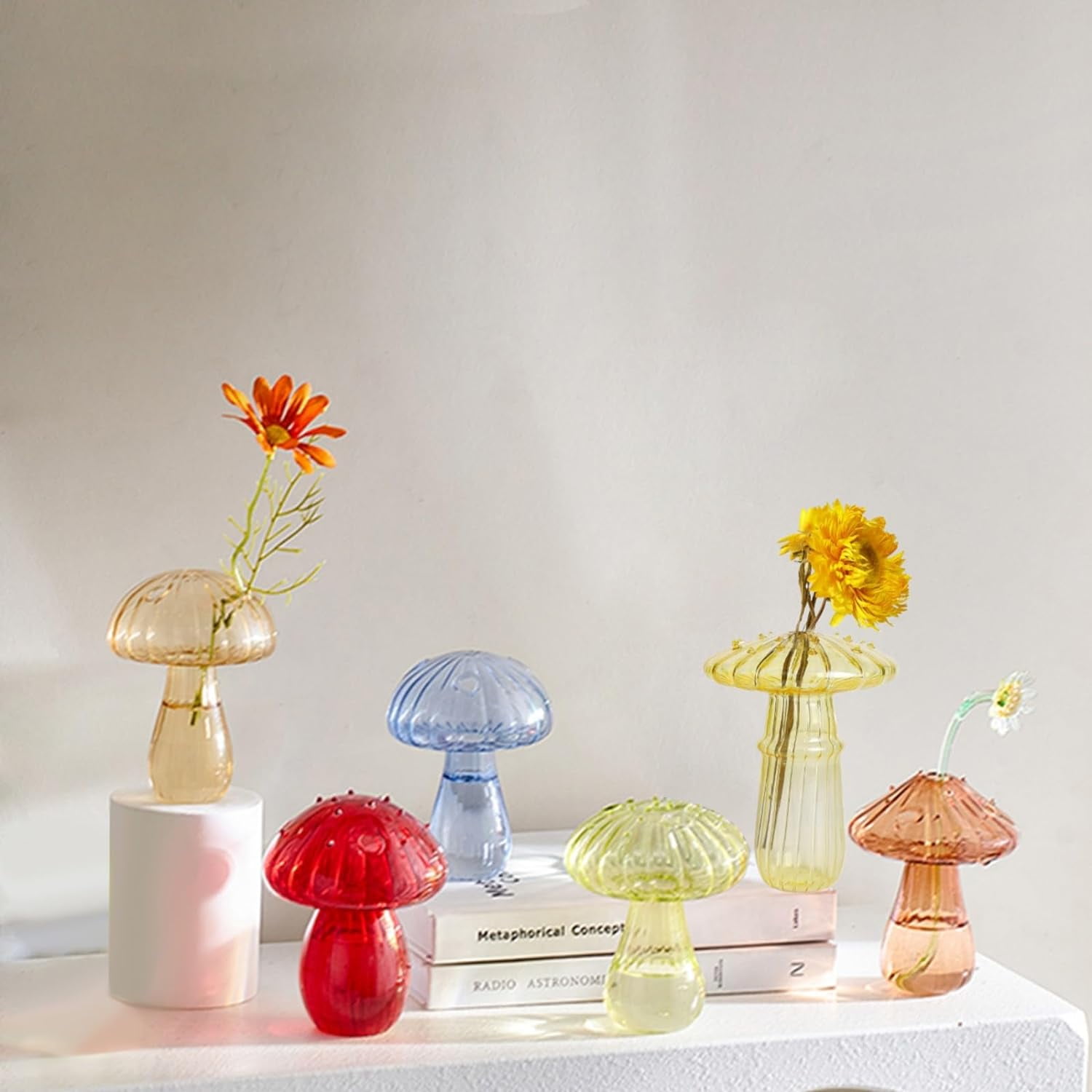 BFYDOAA Colored Glass Bud Vases Set of 6 Cute Mushroom Vase Mini Terrarium Planter for ...
