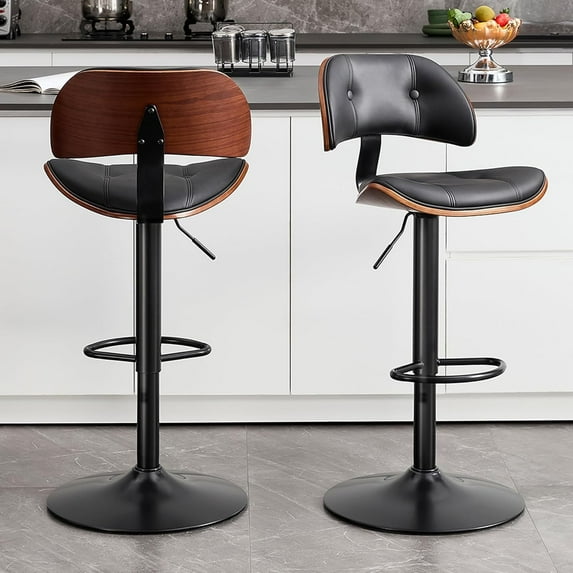 BFZ Bar Stools Set of 2, Adjustable Height 24"-32", Swivel Counter Height Barstools with Bentwood Back, Faux Leather Upholstered Bar Chairs for Kitchen Island, Black