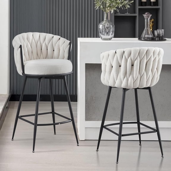 BFZ Bar Stools Set of 2 for Kitchen Counter, 26 inch Modern Fabric Counter Height Barstools, 360°Swivel Bar Chairs Stools with Woven Back and Footrest for Bar, Kitchen Island
