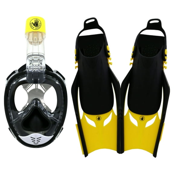 Body Glove Aire Full Face Snorkel and Fins Set for Adults, Anti-Fog and Anti-Leak 180 Degree Panoramic View, L/XL, Black/Yellow