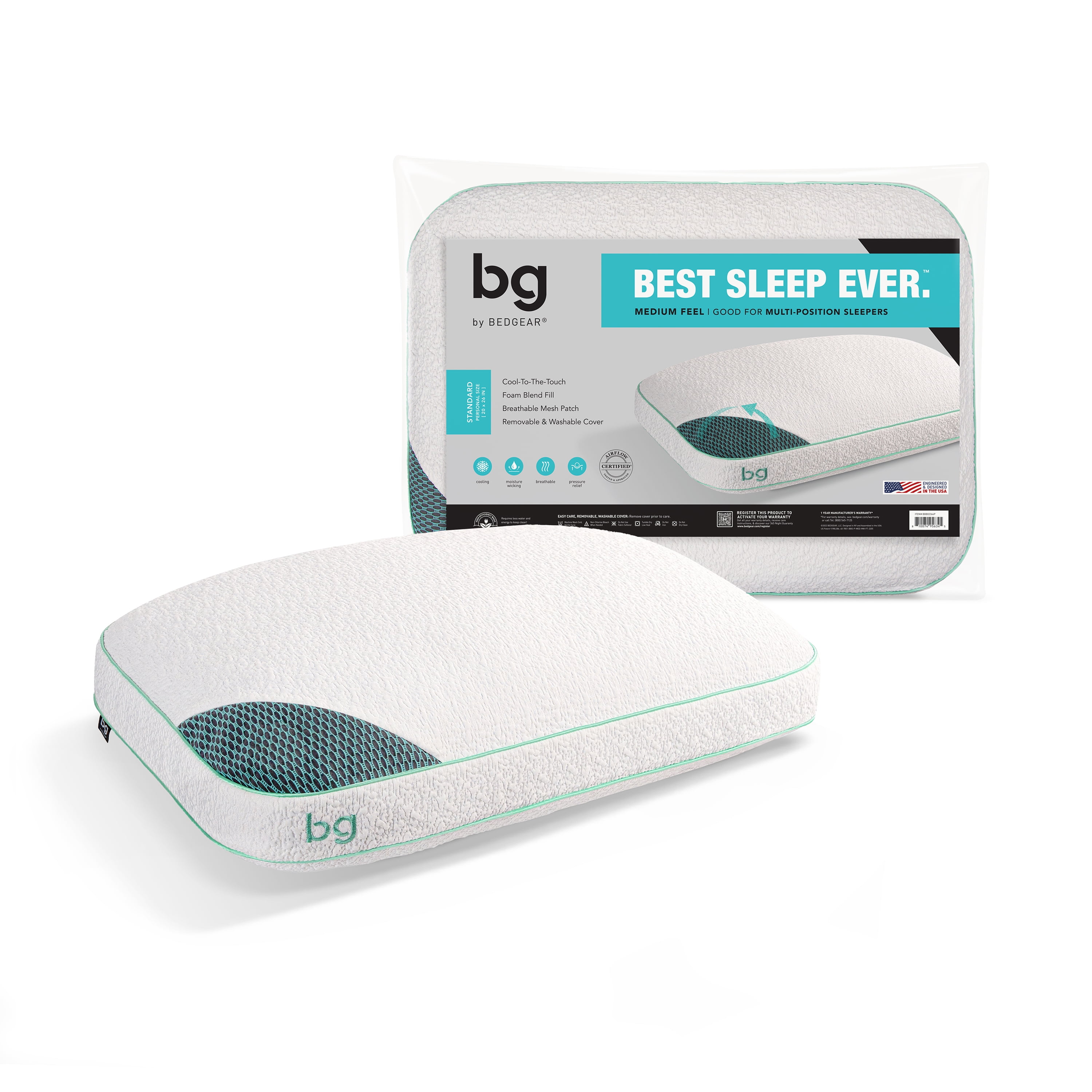 BG By BEDGEAR Medium Support Pillow with Moisture Wicking Cover