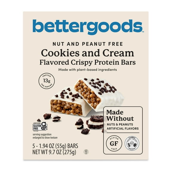 bettergoods Nut, Peanut and Gluten Free Cookies and Cream Flavored Crispy Protein Bars, 9.7 oz, 5 Count
