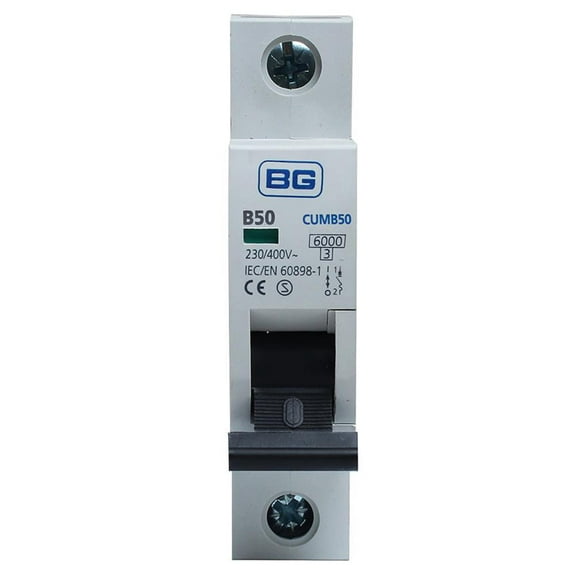 BG ELECTRICAL - 50A Single Pole MCB, B Curve, 6kA