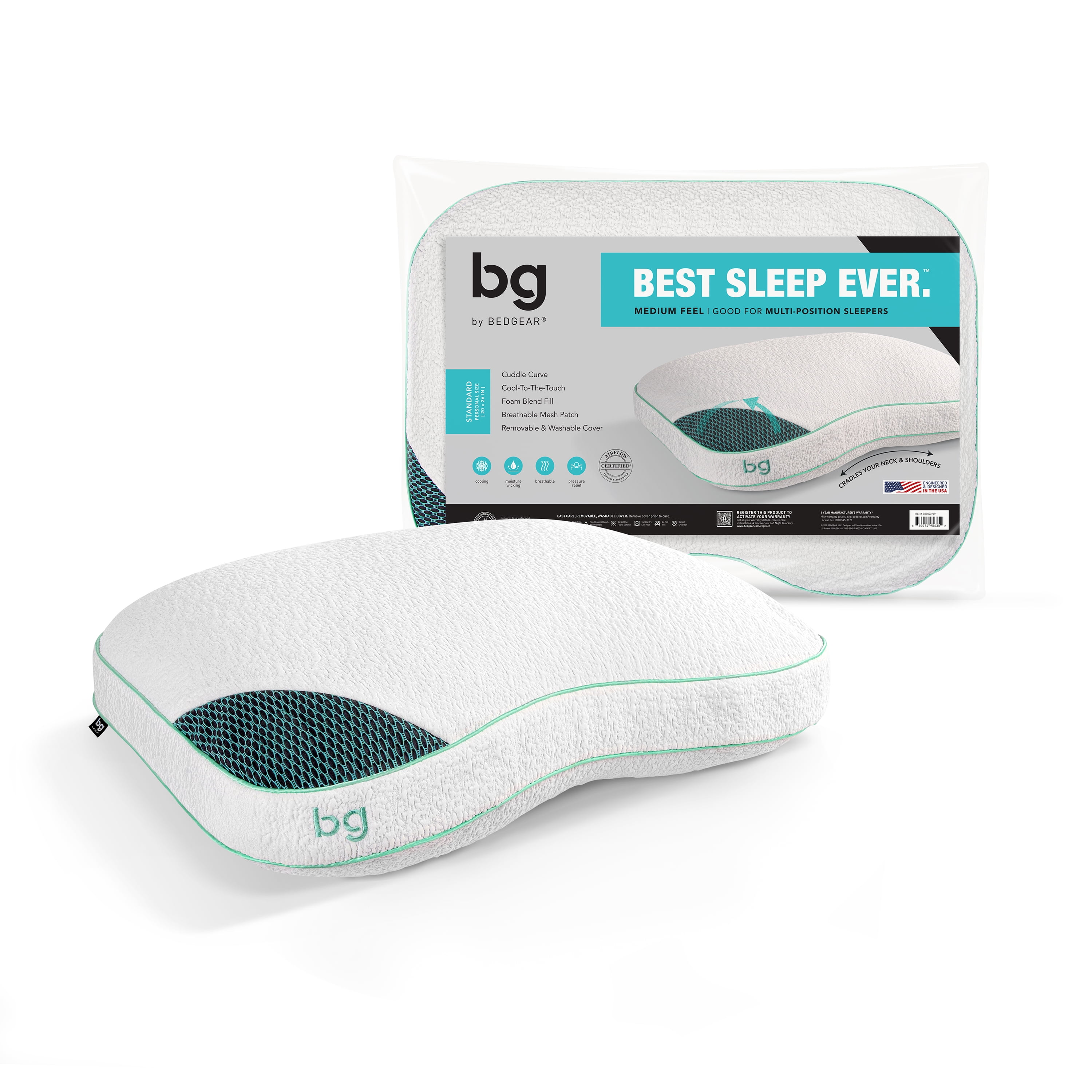 BG by BEDGEAR Cuddle Curve Bed Pillow for Side Sleepers - Medium Support with Moisture Wicking Cover