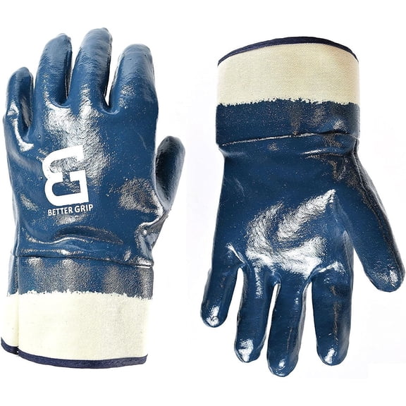 BG105NITRILE Heavy Duty Premium Nitrile Rubber Fully Coated Gloves with Safety Cuffs, Smooth, Blue, Chemical Resistant, Large (3 Pairs)