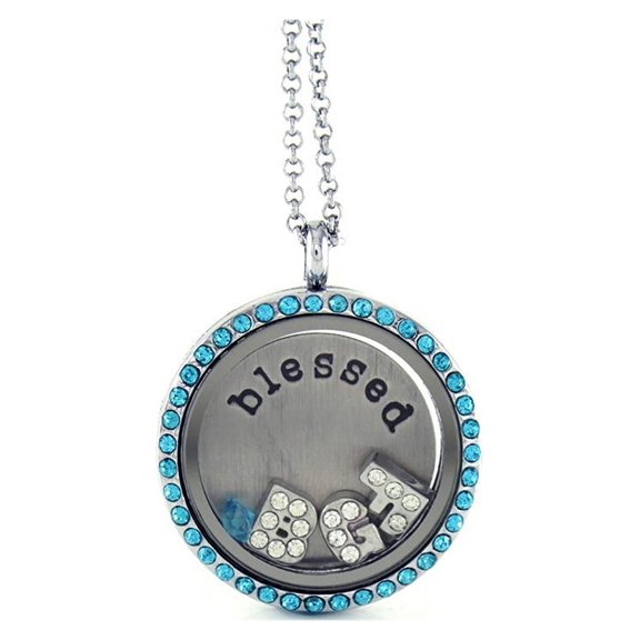 BG247 Floating Adjustable Locket Necklace with Matching Chain (Blue Rhinestone)