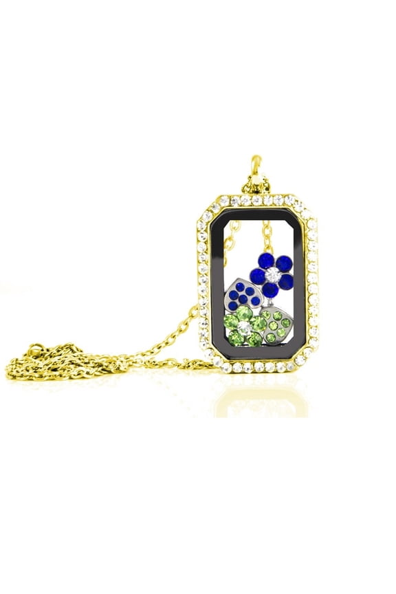 Floating Rectangle Rhinestone Locket with Matching Chain (Gold Necklace)