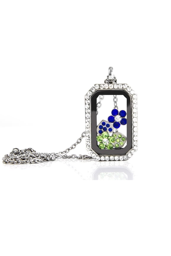 Floating Rectangle Rhinestone Locket with Matching Charm (Silver Necklace)