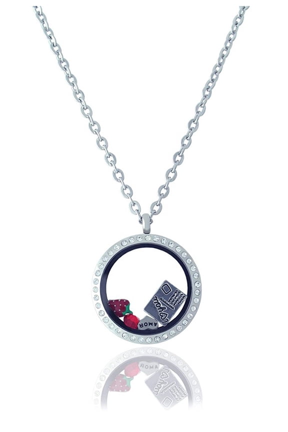 Stainless Steel Floating Adjustable Locket Necklace with Matching Chain (Twist Silver Rhinestone Circle)
