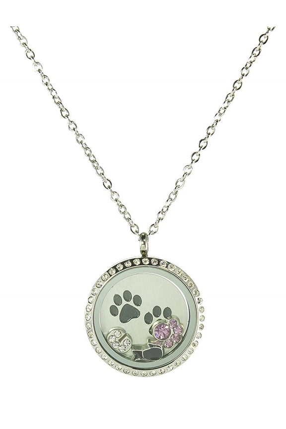 Stainless Steel Floating Locket Necklace with 6 Charms, 1 Plate, and Chain (Silver Rhinestone Circle)