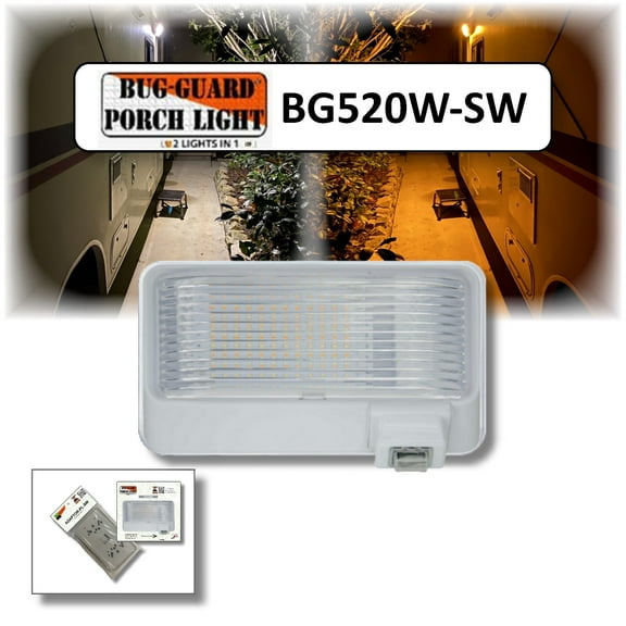 BG520W-SW, RV Exterior Dual Color High Performance Long-Life IP65 Rated LED Awning Flood Porch Light with Switchable Color Modes, Bright 220 Lumen (Amber) Mode or 520 Lunen White Light Mode