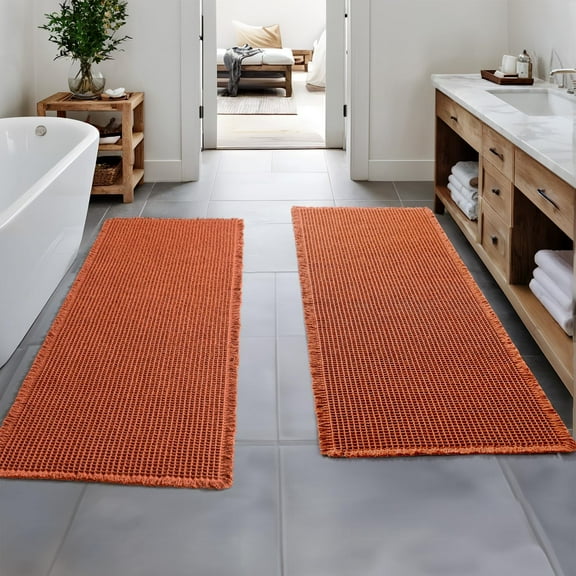 BGC Fall Orange Set of 2 Waffle Bathroom Runner Rugs, Boho Bath Rug Non Slip Washable, Super Absorbent Runner Bath Mats, Rubber Backed Shower Mat for Hallway Bedroom Laundry Room, 2'x6'(24x72 Inch)