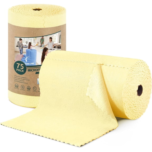 BGC Microfiber Cleaning Cloths Roll, 75 Pack Tear Away Microfiber Towels Roll, 12" x 12" Lint Free Rags, Reusable Cleaning Cloths, Washable, Scratch Free,Ultra Absorbent Dish Rags(Yellow)