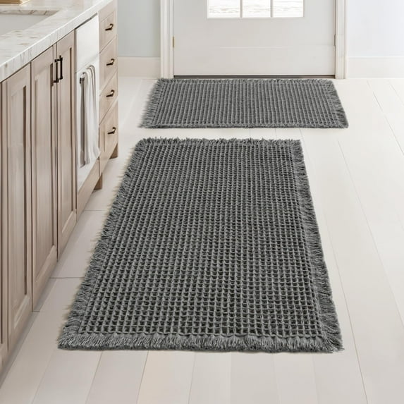 BGC Set of 2 Waffle Bathroom Rugs, Boho Bath Rugs Non Slip Washable, Super Absorbent Bath Mats, Ultra Soft Rubber Backed Shower Mats for Bathroom Floor, Tub, Dark Grey, 17"x24"+18"x30"