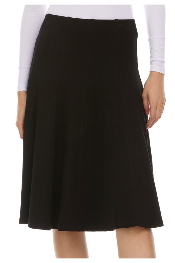 Cotton Ribbed Panel Skirt for Women - Knee Length Pleated Elastic Waist A-Line Skirt Black x Large