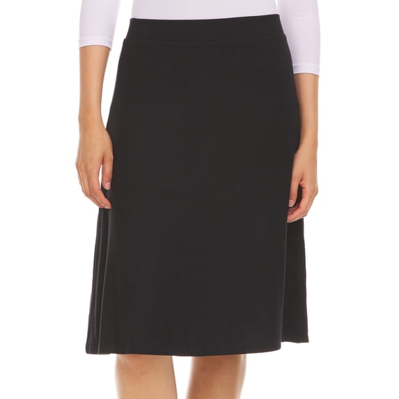 BGDK Women's Basic Plain Thin Lightweight Stretchy Ribbed Knit Knee Length A-Line Skirt Black x Small