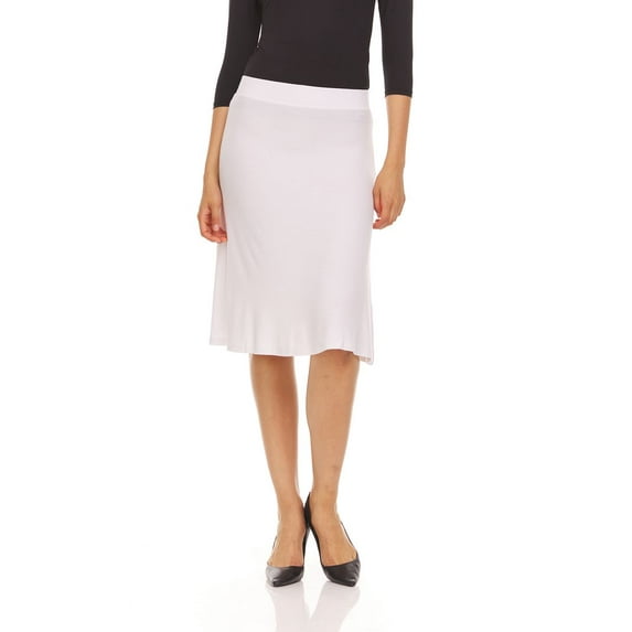 BGDK Women's Basic Plain Stretchy Ribbed Knit Knee Length A-Line Skirt white large