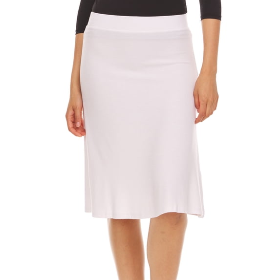 BGDK Women's Basic Plain Thin Lightweight Stretchy Ribbed Knit Knee Length A-Line Skirt White Large