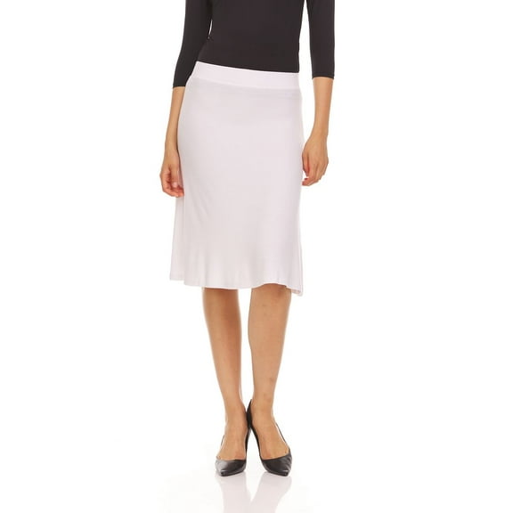 BGDK Women's Basic Plain Stretchy Ribbed Knit Knee Length A-Line Skirt white xx large