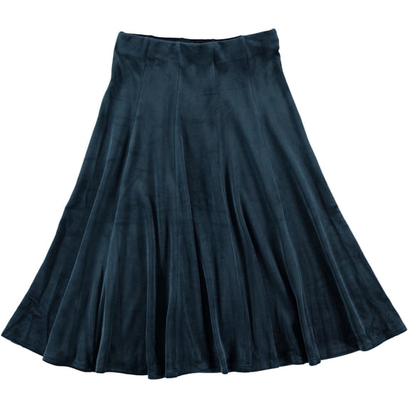 BGDK Women’s Velour Panel Midi Skirt – 27 Inch Length, Elastic Waist, A-Line Pleated Skirt, Soft Comfortable Fit and Flare – Denim Small