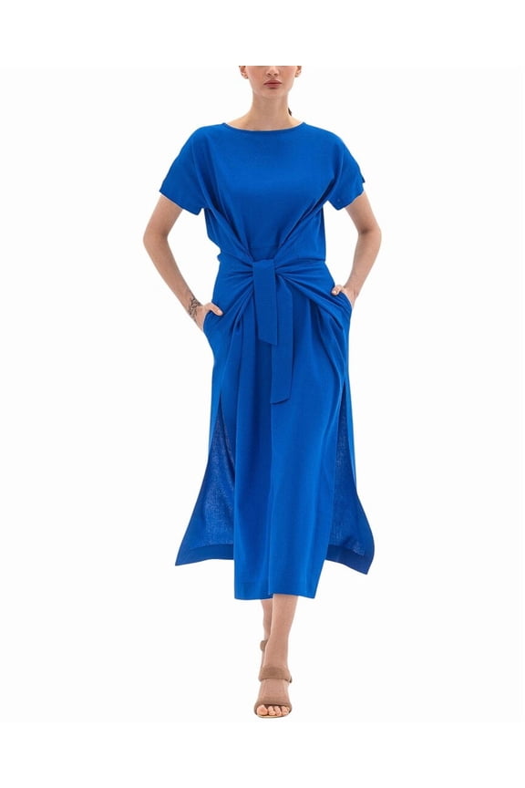womens Linen-Blend Midi Dress, 4, Blue