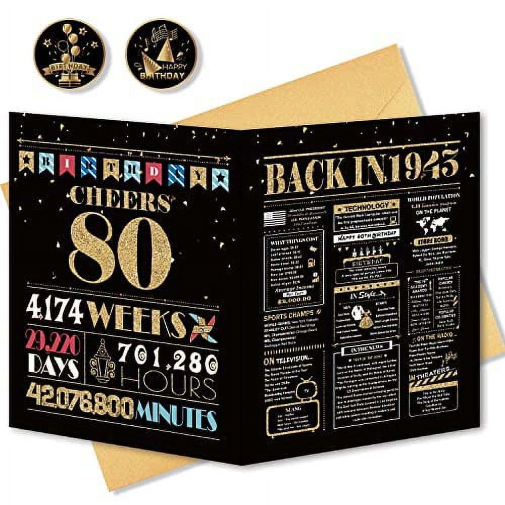 BGTCARDS 80th Birthday Card, 80th Birthday Decorations for Women Men, 80th Birthday Gifts for Mom Dad, Jumbo Birthday Cards for 80 Year Old Husband Wife, Back in 1943, Black Gold