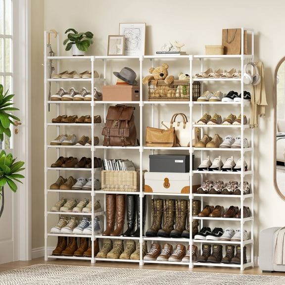 BGTREND 10-Tier Shoe Rack 4-Row Large Metal Shoe Storage Organizer 65-70 Pairs for Garage Entryway Closet (68 inches, White)