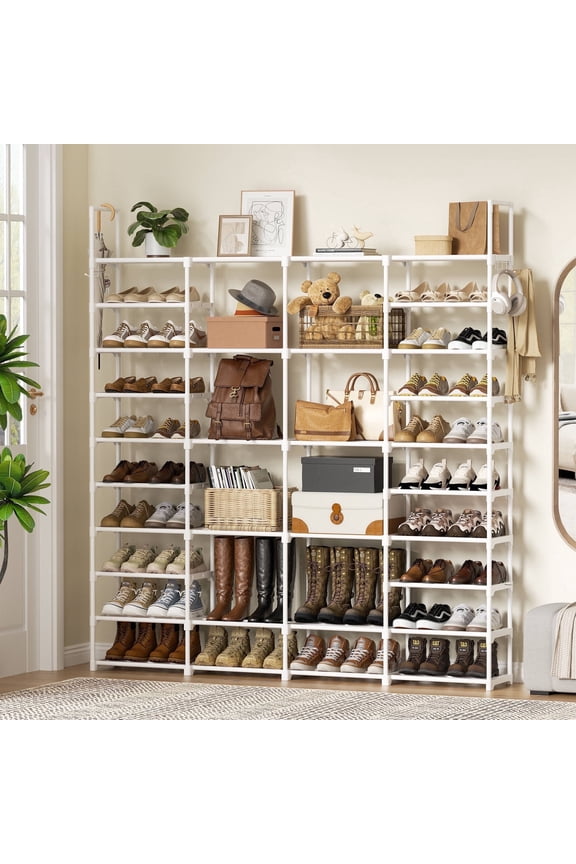 10-Tier Shoe Rack 4-Row Large Metal Shoe Storage Organizer 65-70 Pairs for Garage Entryway Closet (68 inches, White)