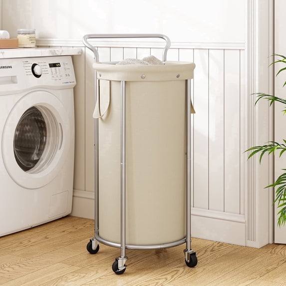 BGTREND 110L Rolling Laundry Hamper with Removable Bag, Round Steel Frame and Handle, Beige