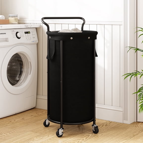 BGTREND 110L Rolling Laundry Hamper with Removable Bag, Round Steel Frame and Handle, Black