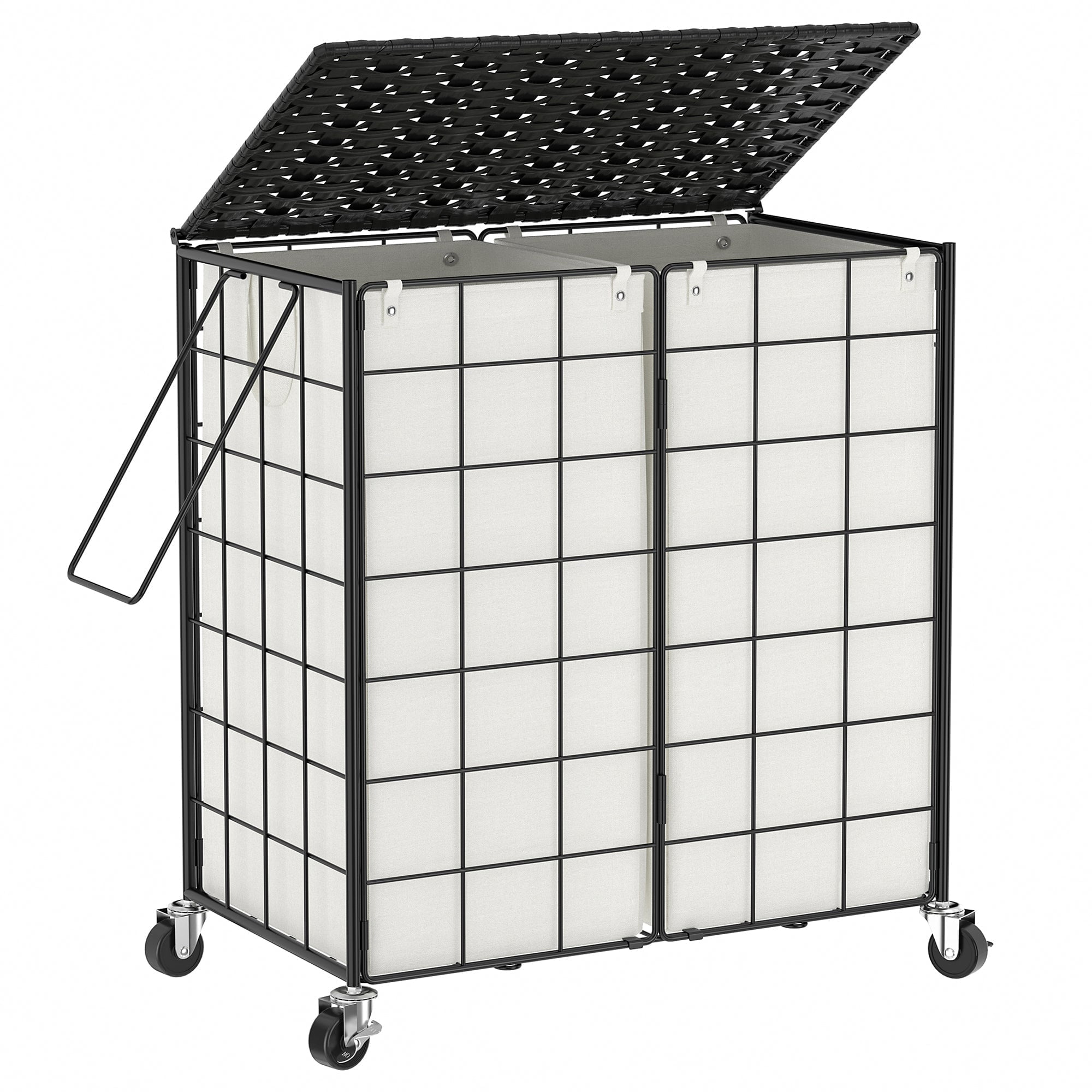 BGTREND 120L Laundry Basket with Lid and Wheels, Iron Wire Laundry Hamper with Rattan Lid and 2 Removable Liner Bags, Rolling Hamper with Handle for Adult (Black & Beige) - Walmart.com