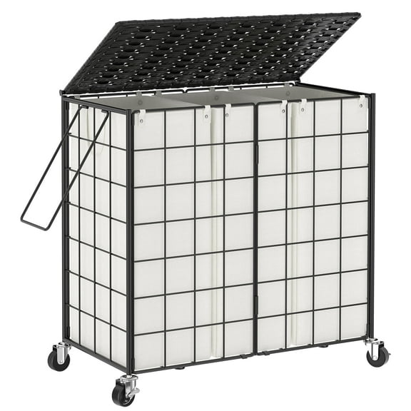 BGTREND 135L Laundry Basket with Lid and Wheels, Iron Wire Laundry Hamper with Rattan Lid and 3 Removable Liner Bags, Rolling Hamper with Handle for Adult (Black & Beige)
