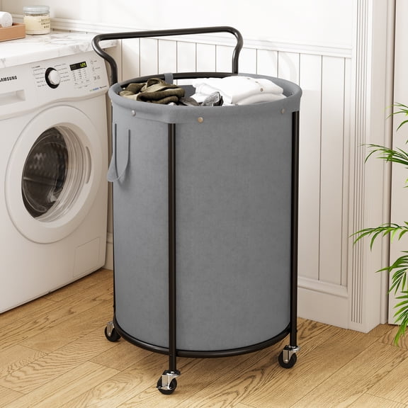 BGTREND 160L Rolling Laundry Hamper with Removable Bag, Round Steel Frame and Handle, Ideal for Dorm & Laundry Room , Gray