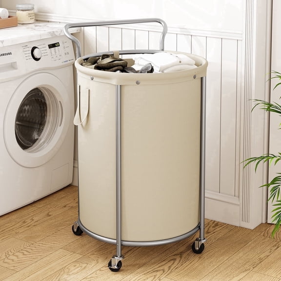 BGTREND 160L Rolling Laundry Hamper with Removable Bag, Round Steel Frame and Handle, Beige