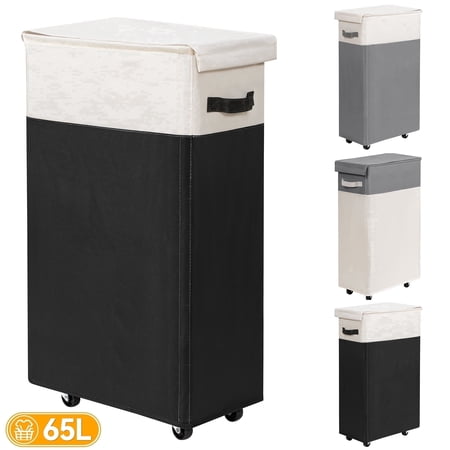 BGTREND 28" Tall & Slim Laundry Hamper with Lid 65L Rolling Laundry Hamper with Wheels Narrow Laundry Basket Collapsible Dirty Clothes Hamper (Black & White)