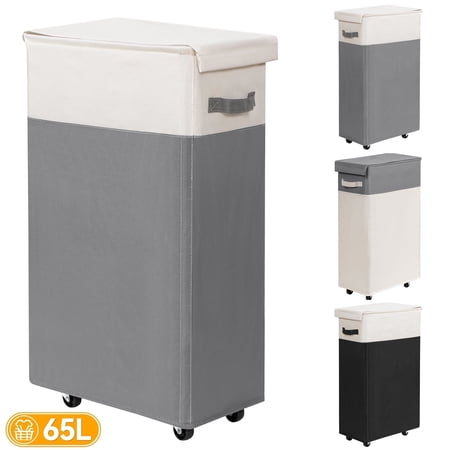 BGTREND 28" Tall & Slim Laundry Hamper with Lid 65L Rolling Laundry Hamper with Wheels Narrow Laundry Basket Collapsible Dirty Clothes Hamper (Gray & White)